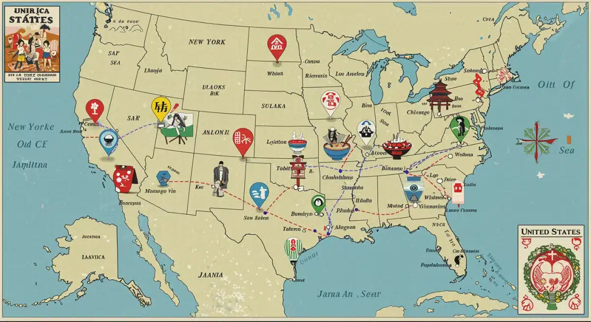 Map of US with dorama tourism hotspots, location scouting, fan travel routes