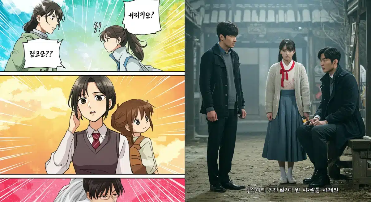 Visual comparison of a webtoon panel and its K-drama adaptation scene.