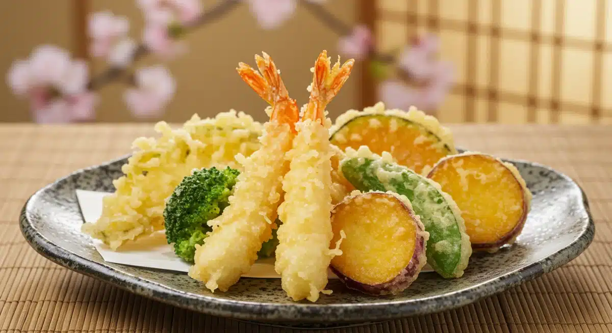 Crispy tempura platter with shrimp and vegetables, a popular Japanese drama delicacy.