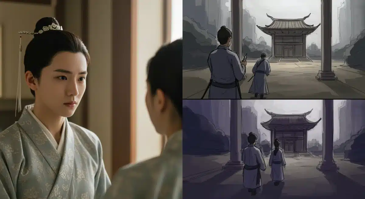 Split screen comparing a Chinese dorama scene with an English adaptation storyboard, illustrating the creative adaptation process.