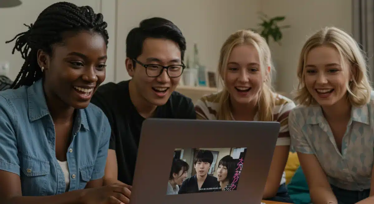 Diverse audience enjoying a Japanese drama with subtitles.