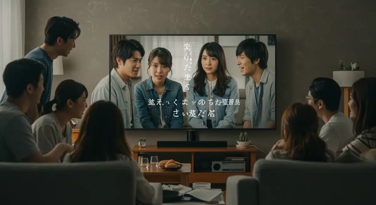 Diverse fans watching Japanese dorama on TV, enjoying the viewing experience.