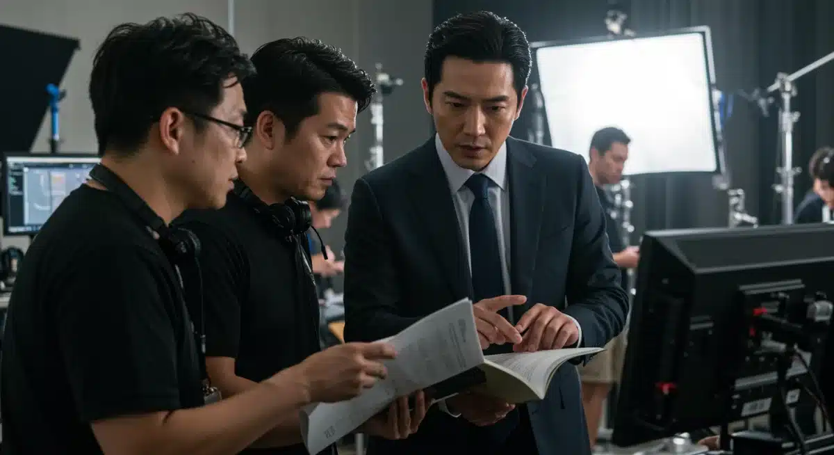 Director and lead actor collaborating on the set of the Hanzawa Naoki US remake, reviewing scripts.