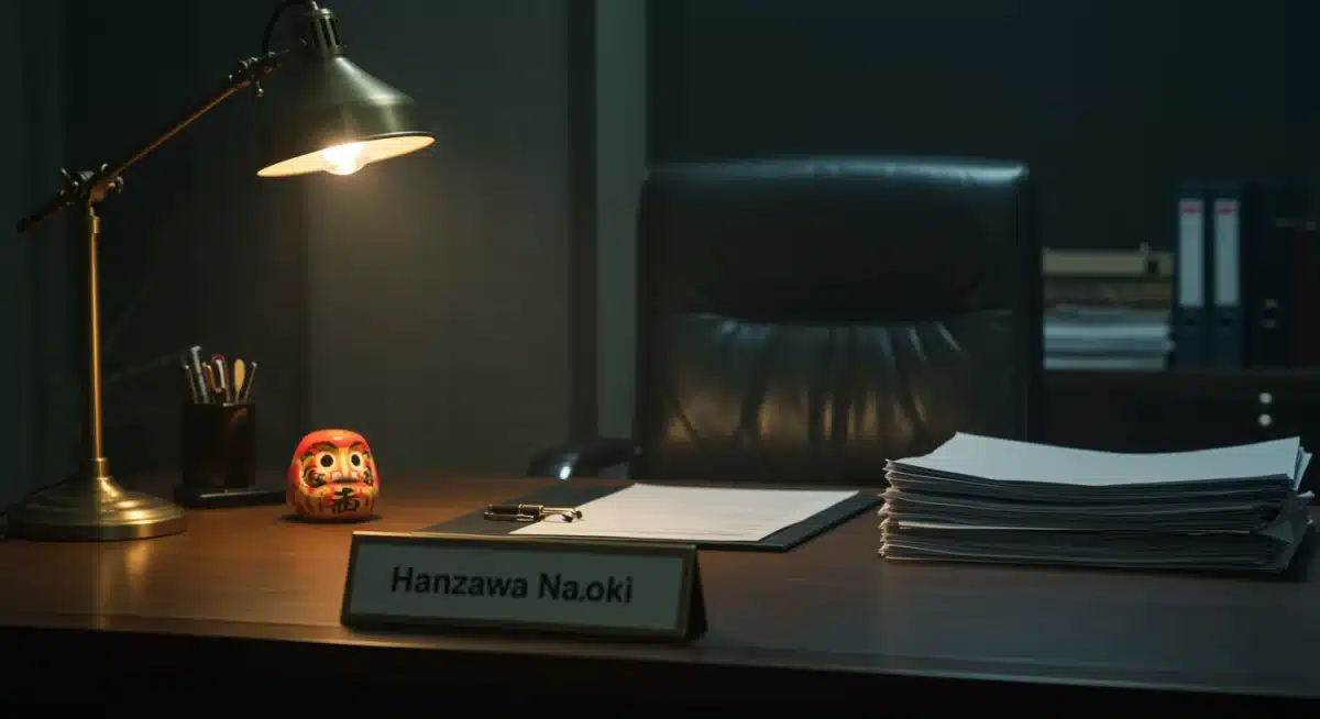 Close-up of a meticulously arranged office desk on the Hanzawa Naoki US remake set, with financial documents.