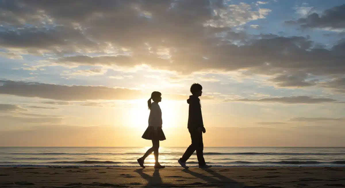 Couple walking into sunrise, symbolizing a hopeful drama ending.