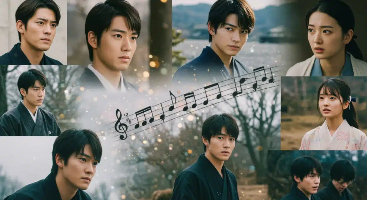 Montage of iconic Japanese drama scenes with musical notes.