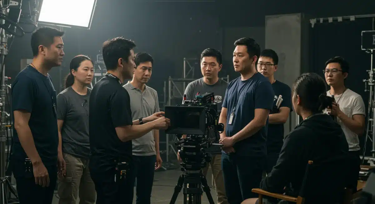 Diverse production team collaborating on an Asian dorama adaptation set, demonstrating international cooperation.