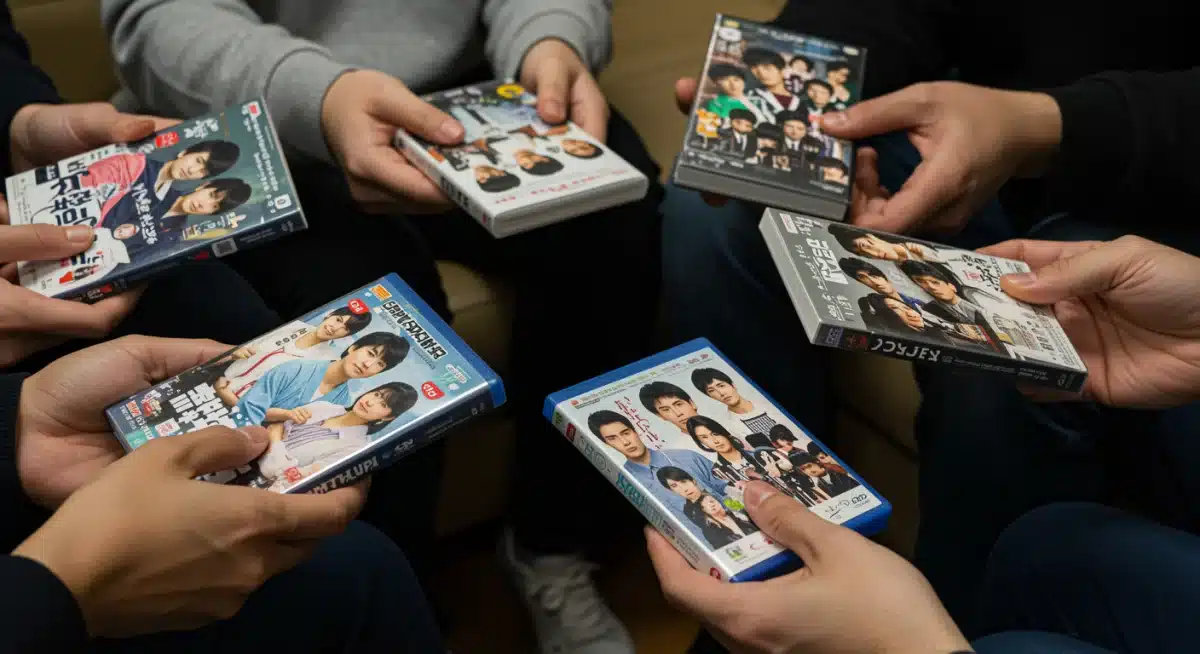 Hands holding various Japanese drama DVDs during a fan gathering