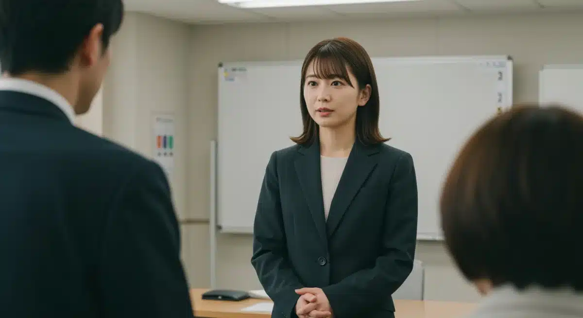 Female lead in a Japanese drama confidently leading a business meeting