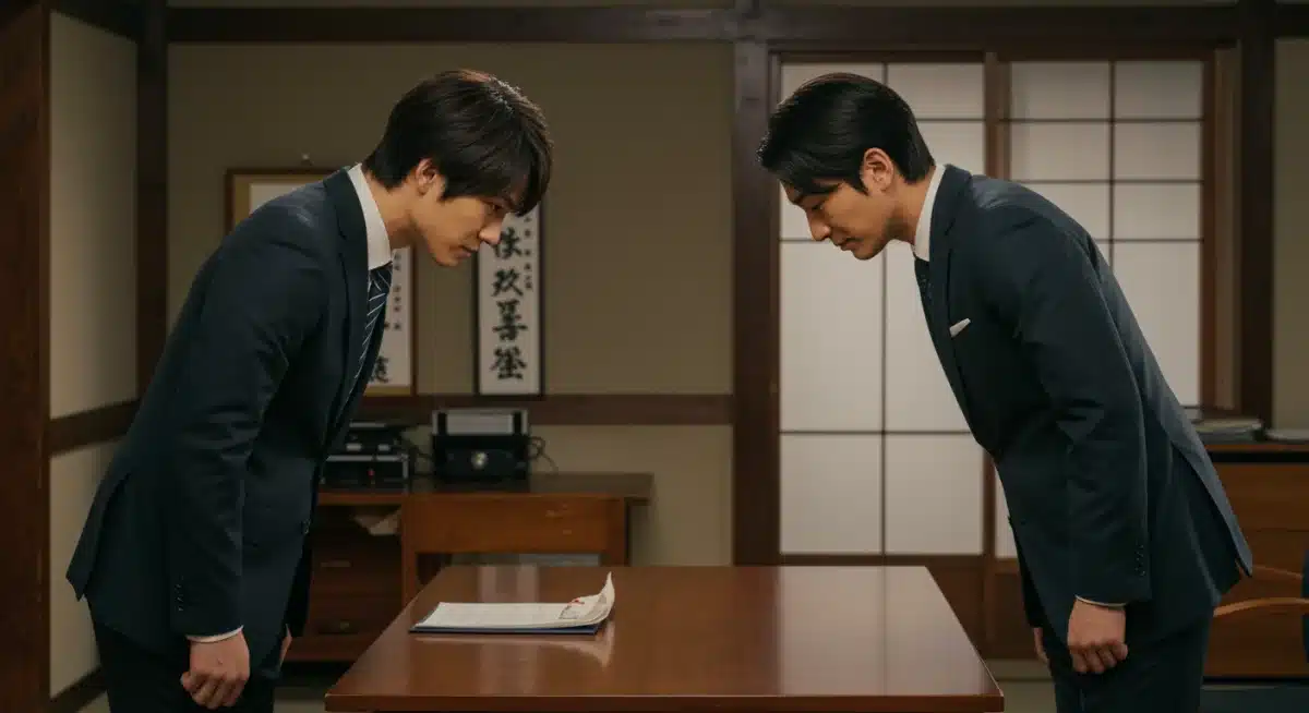 Japanese drama characters bowing respectfully, demonstrating 'Otsukaresama deshita'.