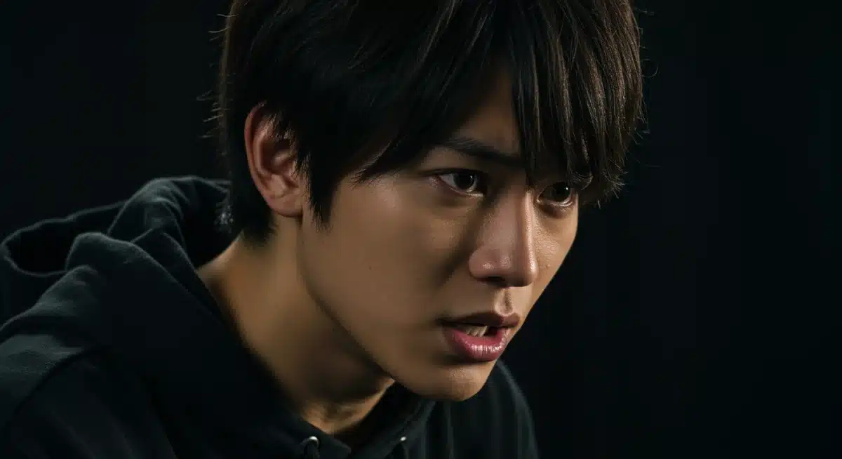 Young Japanese actor delivering a powerful dramatic performance in a J-drama