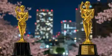 Golden Japanese Drama Award trophy with cherry blossoms