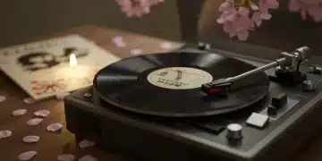 Japanese Drama Soundtracks: 7 Songs That Will Give You Chills Vintage record player with Japanese drama soundtrack vinyl and cherry blossoms.