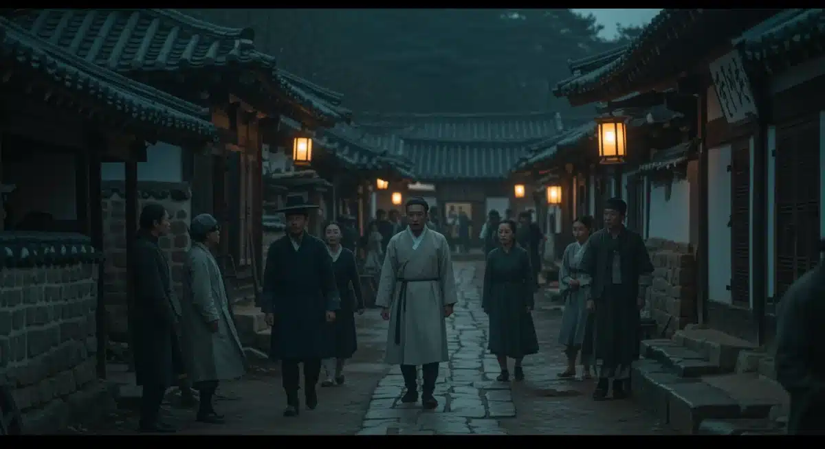 Joseon era village scene with subtle ominous undertones
