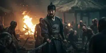 Crown Prince Lee Chang fighting zombies in a dramatic scene from Kingdom sequel