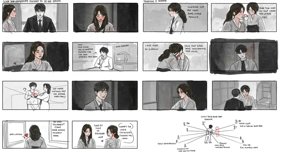 Detailed storyboard showing complex Korean plotlines being adapted for US TV.