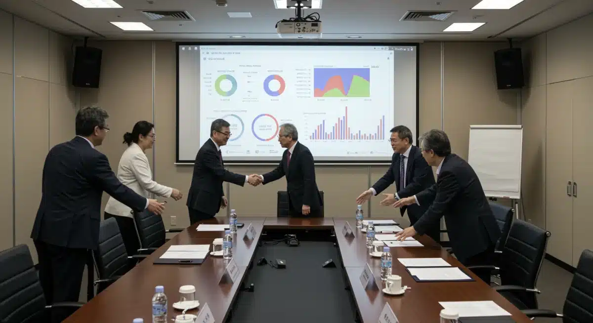Executives negotiating new anime dorama licensing deals in a modern conference room.