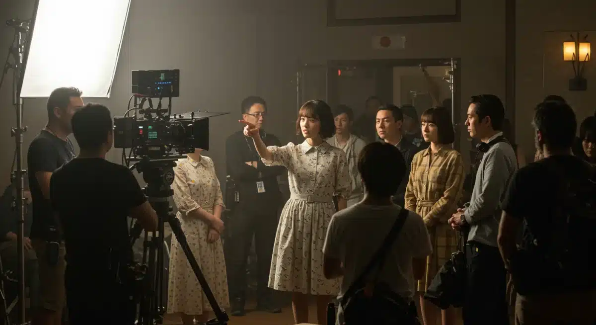 Director on set overseeing actors for the US 'Tokyo Love Story' production.