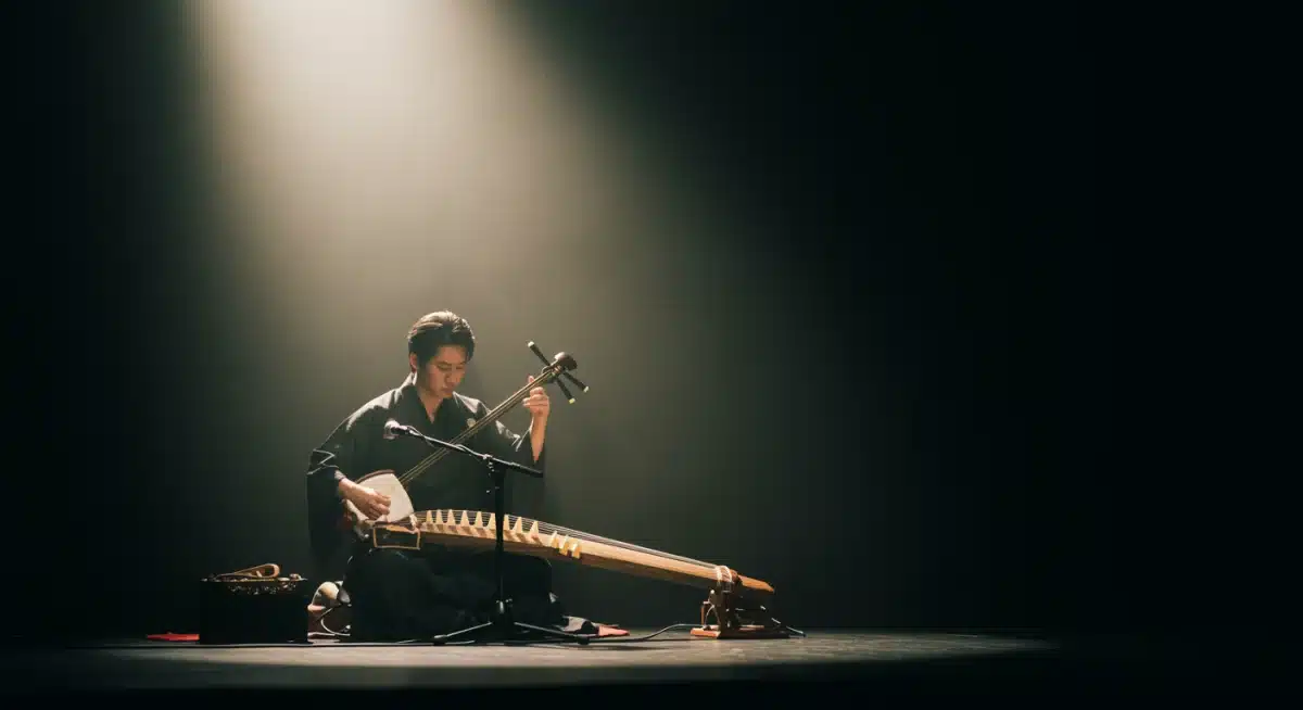 Musician playing traditional Japanese instrument on stage.