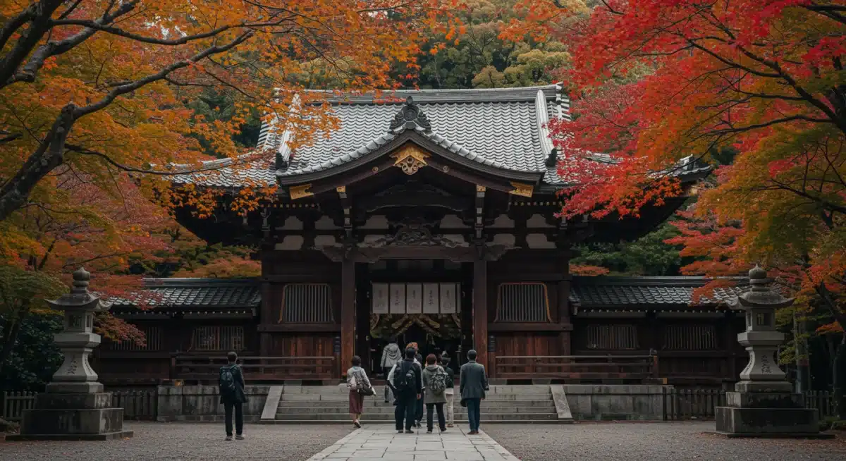 Traditional Japanese temple with autumn leaves, a historical J-drama filming location.