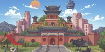 Illustration of a US studio sign blending with traditional Chinese dorama aesthetics, symbolizing a cross-cultural entertainment collaboration.