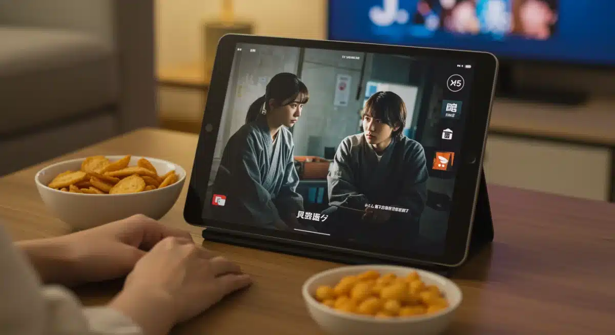 Person watching Japanese drama on a tablet in a cozy living room.